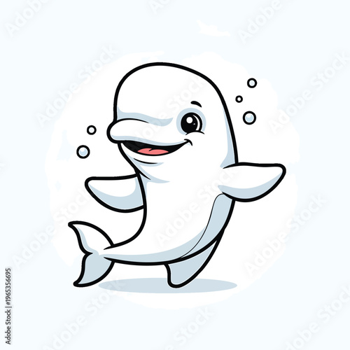 A happy, cartoon-style beluga whale with large eyes and a smile. It is swimming, with small bubbles floating around it. Its outline is black