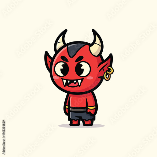 A cute, cartoon-styled demon creature. It features a red body with black hair, horns, and piercing jewelry, with shorts. It has a shadow
