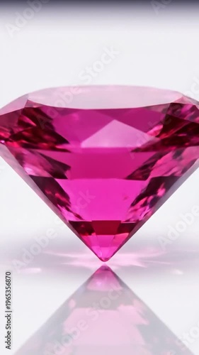 A faceted pink gemstone sparkles with brilliant light on a reflective surface