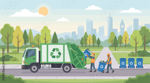 Sanitation workers in uniform operate a green garbage truck and collect blue recycling bins in a clean, stylized urban park setting with trees and city buildings.
