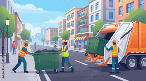 Cartoon illustration of diverse city sanitation workers in reflective vests collecting waste from a green dumpster with a garbage truck in a clean urban street.