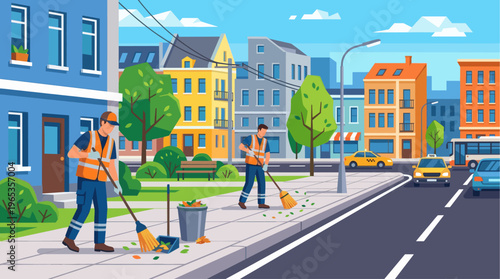 Two sanitation workers in safety vests diligently sweep leaves from a city sidewalk, with colorful buildings, cars, and a bus visible in the background under a clear blue sky.