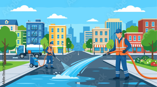 Two sanitation workers in bright orange vests use high-pressure hoses to clean a city street, with buildings and trees lining the background, conveying urban maintenance and civic services.