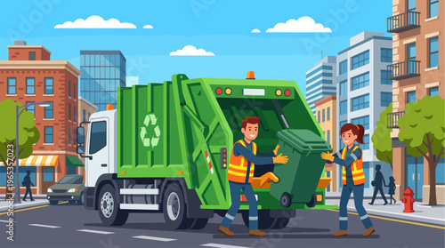 Two cheerful garbage collectors in safety vests collect a bin near a green recycling truck on a bright city street.