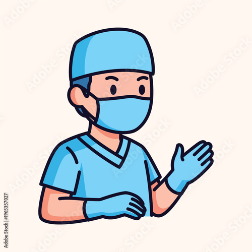 A medical professional is illustrated in a cartoon style. They are wearing a surgical mask, cap, gloves, and scrubs