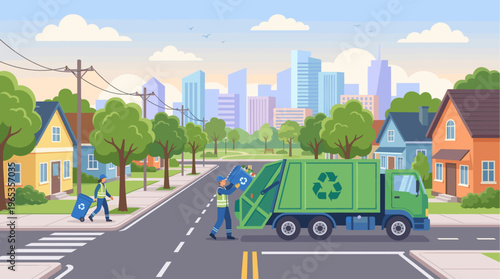 A garbage truck with recycling symbols collects bins with workers on a street lined with houses, trees, and city skyline in the background.