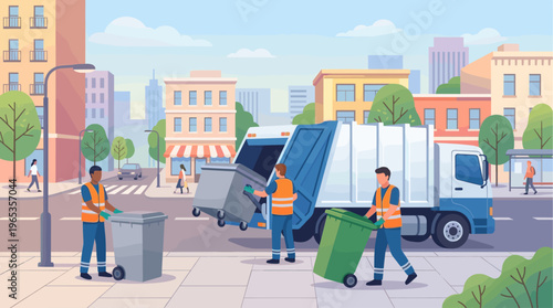 Sanitation workers in uniform collect trash bins next to a garbage truck on a bright day in a stylized urban environment.