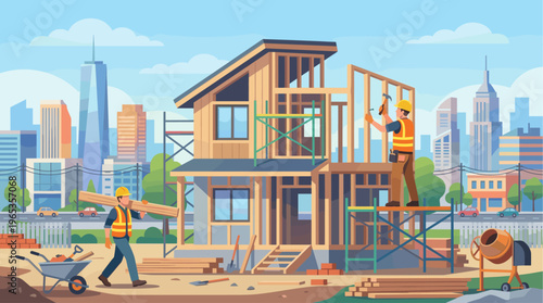 Construction workers build a house frame in a city setting with skyscrapers in the background, showing progress and development.