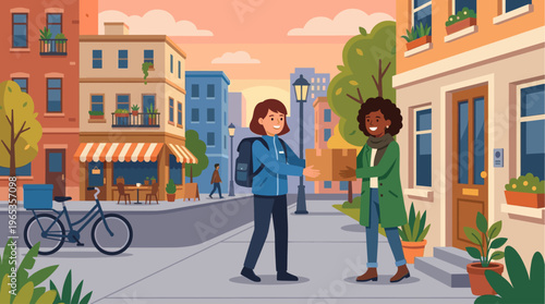 Two women exchanging a package on a sidewalk in front of buildings and a cafe with a bicycle parked nearby, during a soft sunset.