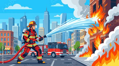 A brave firefighter in full gear sprays water from a hose onto a blazing building in a city with skyscrapers in the background.