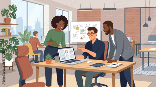 Three colleagues of diverse backgrounds collaborate around a laptop in a bright, modern office setting, discussing ideas with enthusiasm and teamwork.