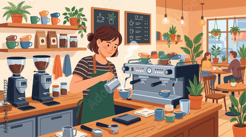 A friendly barista prepares a drink behind a counter in a cozy, modern cafe filled with plants and customers dining.