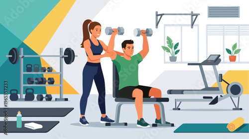 A fitness trainer guides a man as he performs dumbbell exercises on a bench in a brightly lit gym with workout equipment.