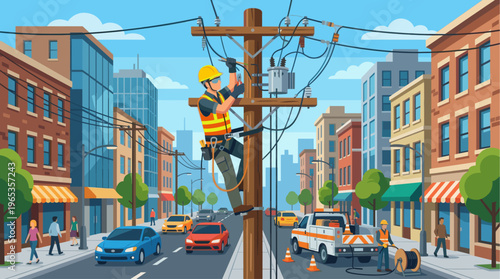 A flat illustration of an electrician working on utility pole with a city background, showing buildings, cars and people on the street.