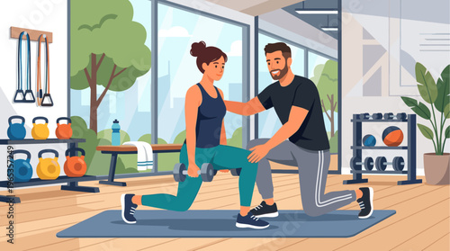 A woman is guided by a male personal trainer as she performs a lunge with dumbbells in a bright, modern gym with large windows.