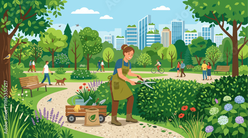 A woman with an apron trims bushes in a vibrant city park, while people walk dogs, bike, and stroll amidst lush greenery and urban buildings.