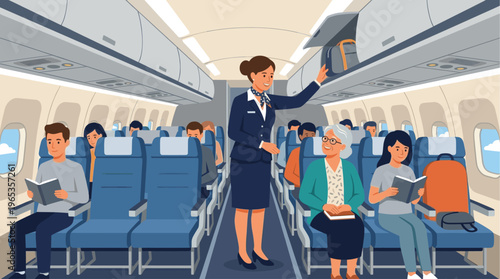A smiling flight attendant assists passengers on an airplane, with one woman placing luggage in the overhead bin and others reading during the flight.