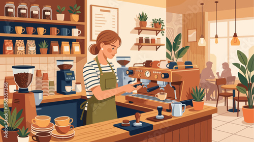 A cheerful female barista prepares a coffee drink behind a counter filled with coffee beans, cups, and a professional espresso machine in a cozy cafe setting.