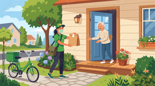 A smiling delivery person wearing a mask hands a package to a happy elderly woman at her doorstep, with a bicycle parked nearby.
