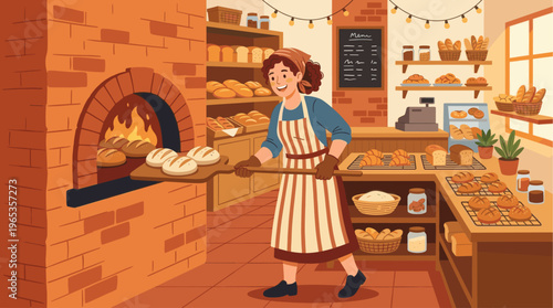 A cheerful baker wearing an apron and oven mitts uses a peel to remove freshly baked loaves from a brick oven in a cozy bakery.