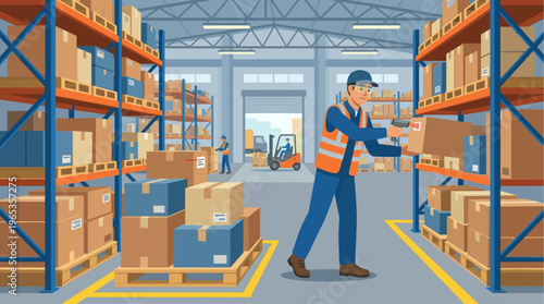 A warehouse worker wearing safety gear scans a box with a handheld scanner amidst tall shelves filled with packages in a modern distribution center.