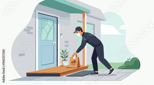 A masked delivery person leaves a food bag on the porch of a house, representing contactless delivery services.