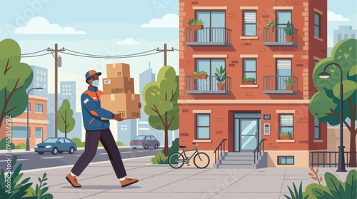 A masked delivery man walks along a city sidewalk carrying several cardboard boxes toward an apartment building entrance with a bicycle parked nearby.
