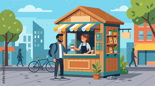 A man with a backpack receives a coffee cup from a friendly female vendor at a charming wooden kiosk on a bright, sunny day in a city.