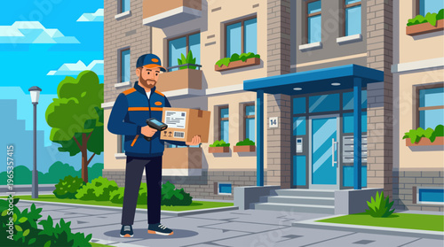 A friendly delivery man in uniform scans a package with a barcode reader while standing outside a modern apartment building with green plants and blue sky.