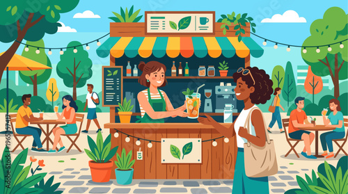 Diverse group of people relax and socialize at a vibrant outdoor cafe with a fresh juice bar, enjoying drinks and warm weather in a park setting.