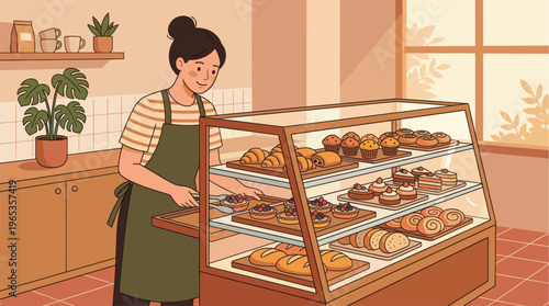 A woman in an apron arranges a tart in a glass display case filled with a variety of baked goods, including croissants and cakes.