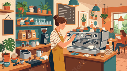 A cheerful barista in an apron cleans a professional espresso machine in a cozy, plant-filled coffee shop while customers relax in the background.