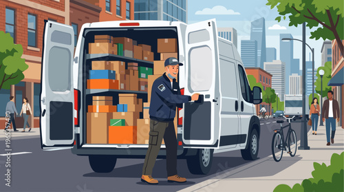 A friendly delivery person in a uniform unloads packages from the back of a white van parked on a bustling city street with pedestrians and buildings.