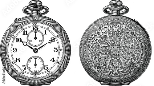 Vintage pocket watch illustration featuring a detailed front clock face and ornate engraved back cover for antique, historical, luxury, and timeless classic design projects.