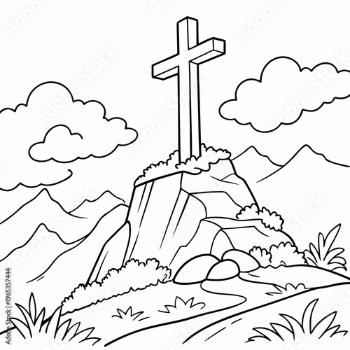 A cross on a rocky hilltop with mountains
