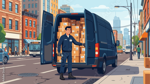 A friendly delivery man in uniform unloads packages from a van parked on a bustling city street with buildings, a bus, and pedestrians.