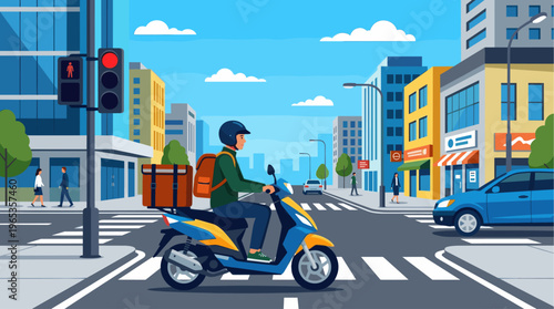 A delivery man in a helmet rides a scooter through a busy city intersection with traffic lights and pedestrian crossings, showcasing urban logistics and service.