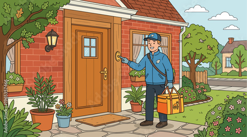 A smiling delivery person in a blue uniform rings the doorbell of a brick house with a wooden door, carrying an orange insulated bag.