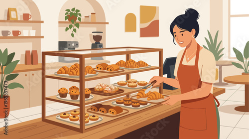 A woman in an apron smiles as she arranges freshly baked croissants and pastries in a display case at a cozy bakery.