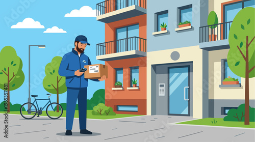 A delivery person in a blue uniform scans a package with a handheld device in front of a modern apartment building with trees and a bicycle nearby.