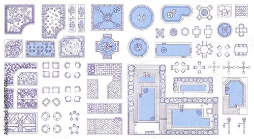 Grand Hotel Outdoor Architectural Blueprint Vector Icon Set – Top View Landscape Layout Multiview Purple Outline