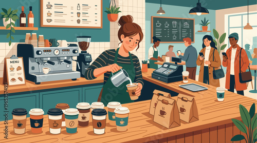 A friendly barista pours milk into a coffee cup at a bustling cafe counter, with customers ordering and waiting, surrounded by coffee equipment and plants.