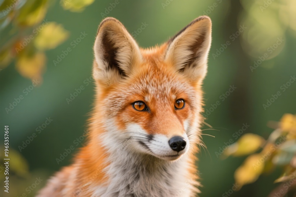 Obraz premium Close-up of a red fox with alert expression in a natural forest setting