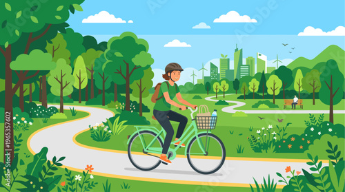 A smiling woman cycles through a vibrant green park path with a modern eco city in the background, conveying a healthy and sustainable lifestyle.