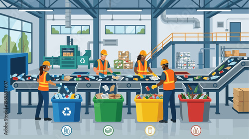 Workers in protective gear sort plastic bottles, cans, and paper on conveyor belts at a busy recycling facility with colorful bins.