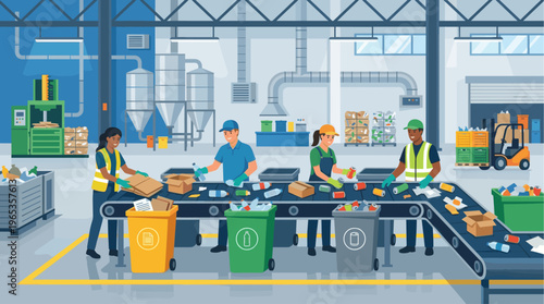 Diverse workers in a recycling facility sort bottles, cans, and cardboard on a conveyor belt with bins and machinery in the background.