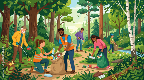 A diverse group of people are actively cleaning up litter in a lush green forest, collecting trash into bags and showing community effort towards environmentalism.