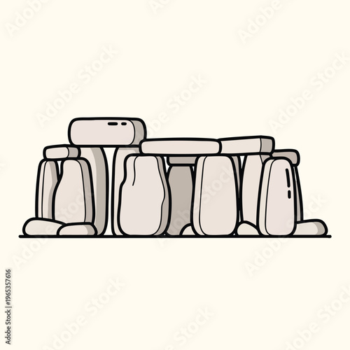 A flat illustration of a prehistoric structure, composed of large, upright stones topped with horizontal elements, set on a beige background
