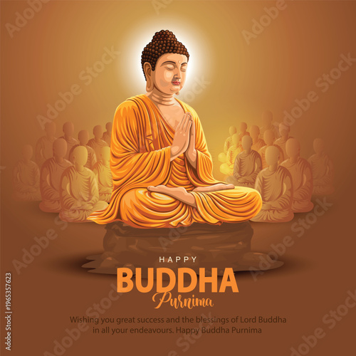 Happy Vesak Day, Buddha Purnima wishes greetings with buddha and lotus illustration. Can be used for poster, banner, logo, background, greetings, print design. abstract illustration design.
