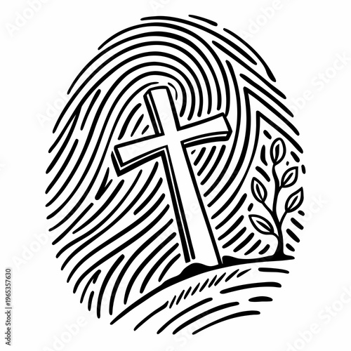 A cross with a plant growing out of the ground in a fingerprint
